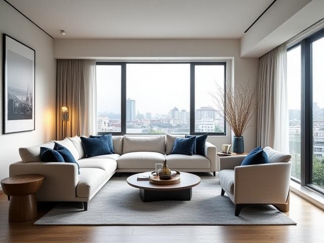 Modern living room interior in Istanbul with panoramic windows and contemporary furniture