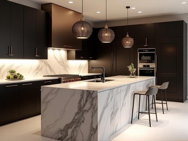 Luxurious modern kitchen interior design with dark cabinets and stone countertops