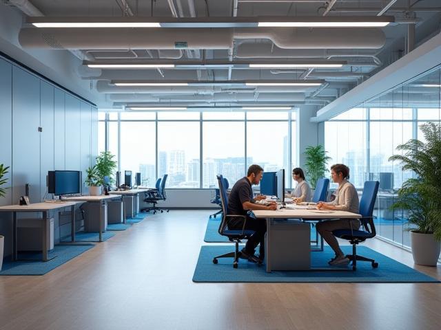Contemporary office space interior design with collaborative areas and bright lighting