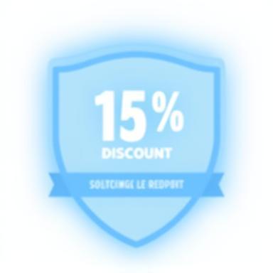 Promotional graphic highlighting a 15% discount badge