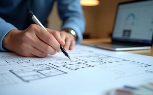 Image representing professionalism or quality in design work with a designer reviewing plans